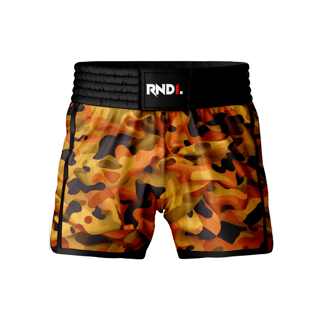 Black Orange And Grey Camouflage Print Muay Thai Boxing Shorts main image 1